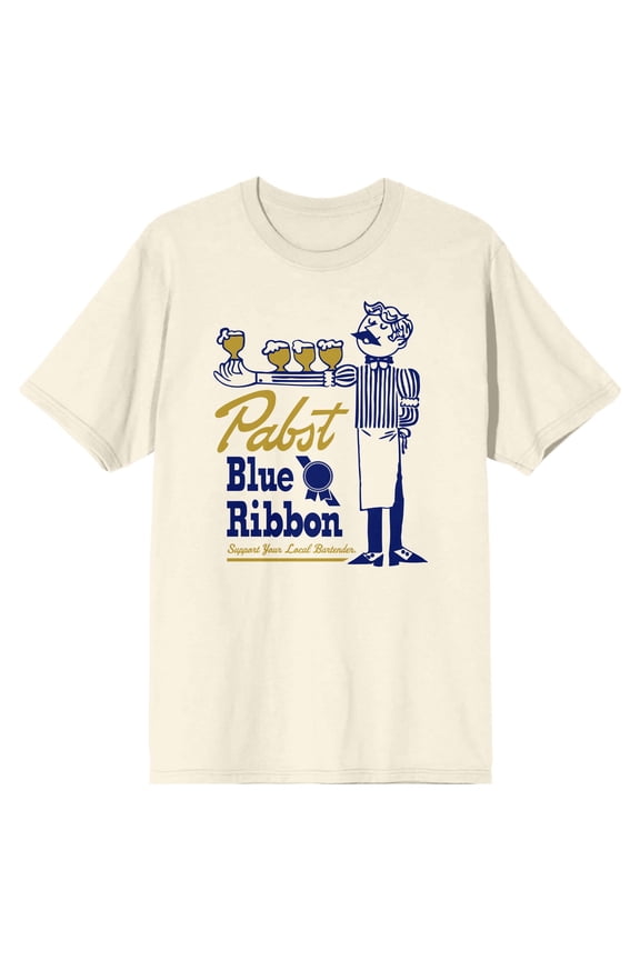 Pabst Blue Ribbon Bartender With Beer Men's Natural Ground T-shirt-Small