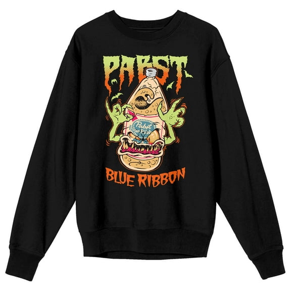 Pabst Blue Ribbon Beer Bottle Monster Crew Neck Long Sleeve Black Adult Sweatshirt-3XL