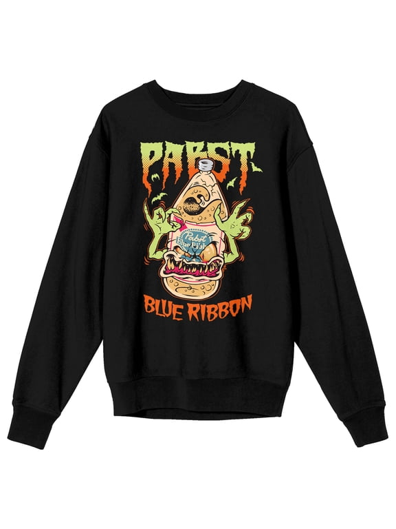 Pabst Blue Ribbon Beer Bottle Monster Crew Neck Long Sleeve Black Adult Sweatshirt-XL