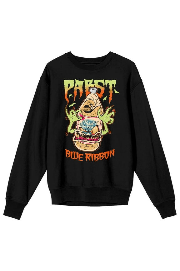 Pabst Blue Ribbon Beer Bottle Monster Crew Neck Long Sleeve Black Adult Sweatshirt-XXL