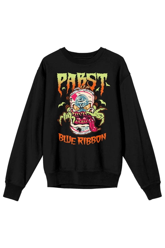 Pabst Blue Ribbon Beer Can Monster Crew Neck Long Sleeve Black Adult Sweatshirt -Large