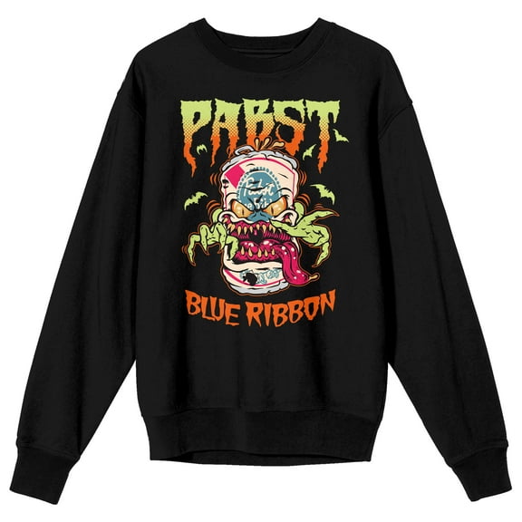 Pabst Blue Ribbon Beer Can Monster Crew Neck Long Sleeve Black Adult Sweatshirt -Small