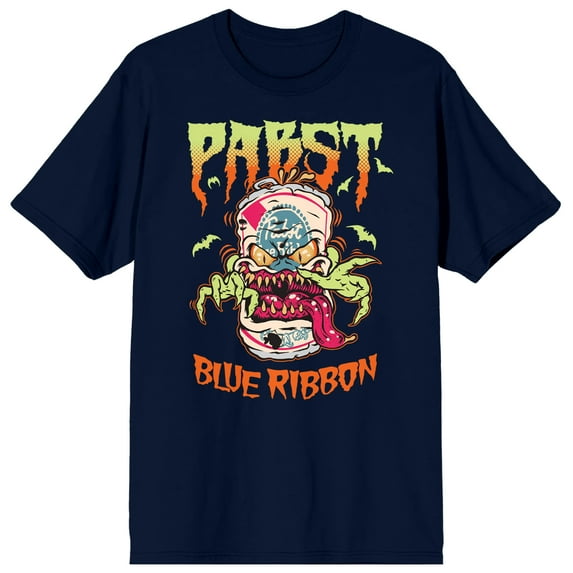 Pabst Blue Ribbon Beer Can Monster Crew Neck Short Sleeve Navy Men's T-shirt-3XL