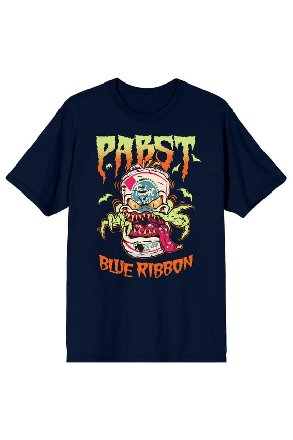 Pabst Blue Ribbon Beer Can Monster Crew Neck Short Sleeve Navy Men's T-shirt-XXL