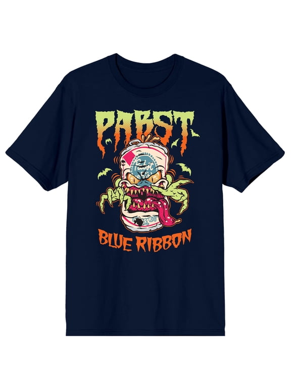 Pabst Blue Ribbon Beer Can Monster Crew Neck Short Sleeve Navy Men's T-shirt-XXL