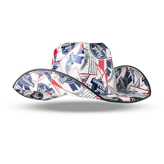 Pabst Blue Ribbon Beer Label Cardboard Cowboy Hat in White, Adult Unisex Party Accessory