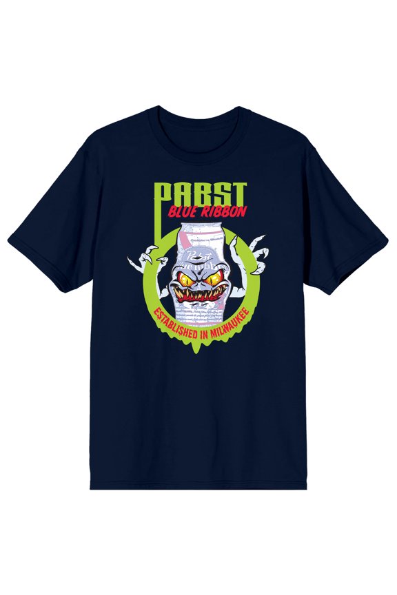 Pabst Blue Ribbon Beer Monster In Slimy Circle Crew Neck Short Sleeve Navy Men's T-shirt-Large