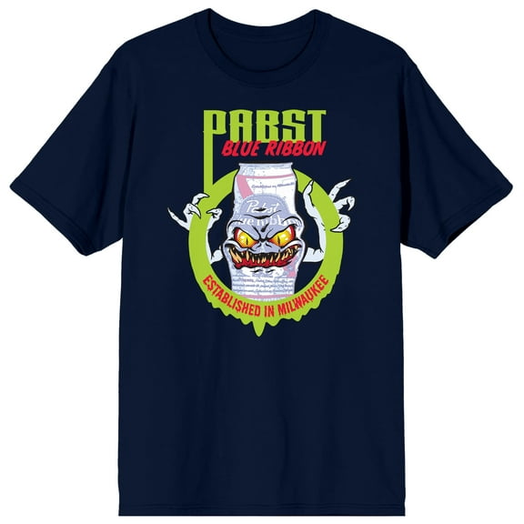 Pabst Blue Ribbon Beer Monster In Slimy Circle Crew Neck Short Sleeve Navy Men's T-shirt-Small