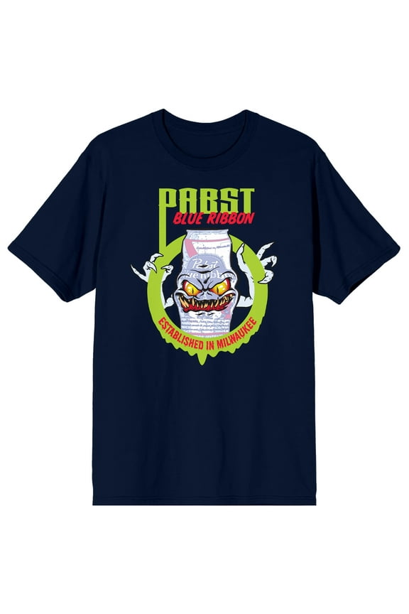 Pabst Blue Ribbon Beer Monster In Slimy Circle Crew Neck Short Sleeve Navy Men's T-shirt-XS