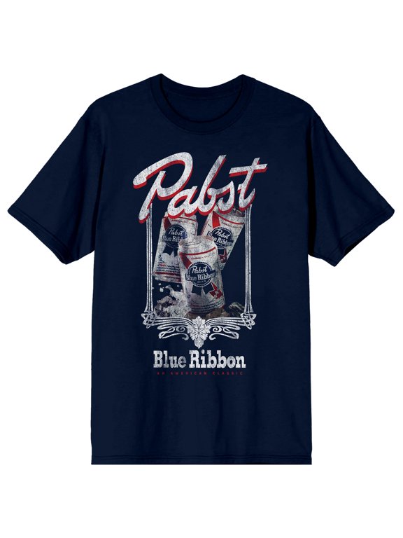 Pabst Blue Ribbon Decorative Border Adult Navy Crew Neck Short Sleeve T-shirt-3XL