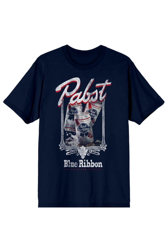 Pabst Blue Ribbon Decorative Border Adult Navy Crew Neck Short Sleeve T-shirt-XL