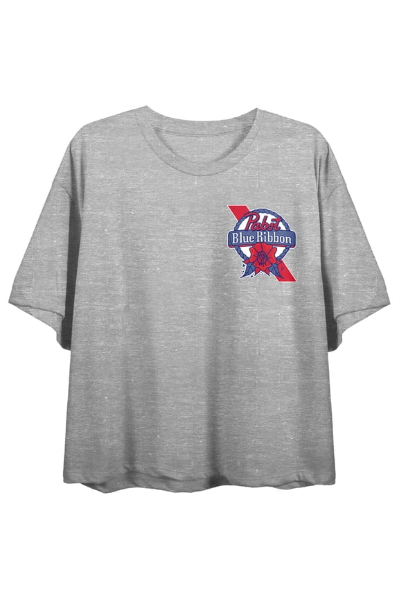 Pabst Blue Ribbon Floral Art Women's Heather Gray Crop Tee-Small