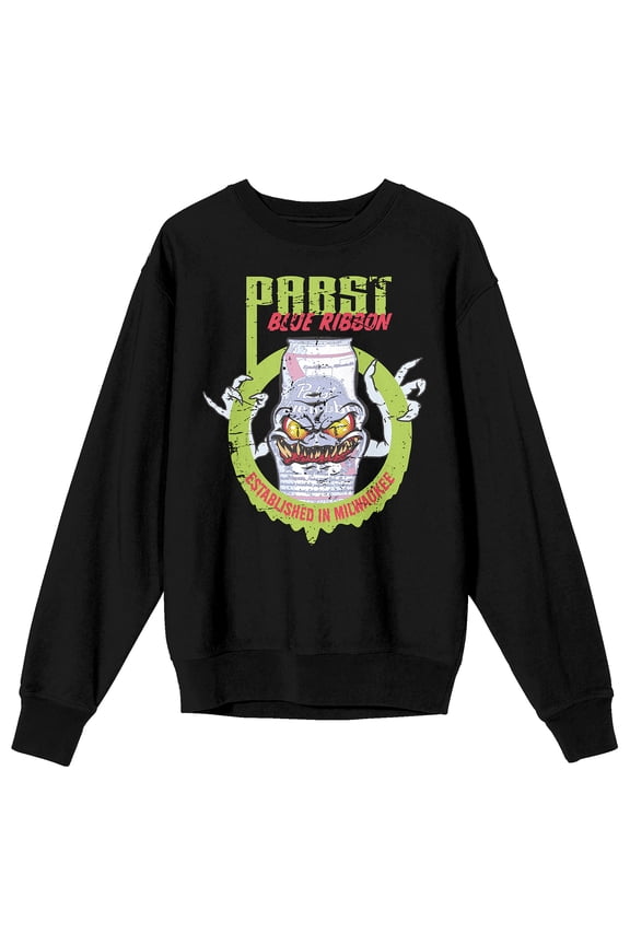 Pabst Blue Ribbon Ghostly Beer Can Crew Neck Long Sleeve Black Adult Sweatshirt-Large