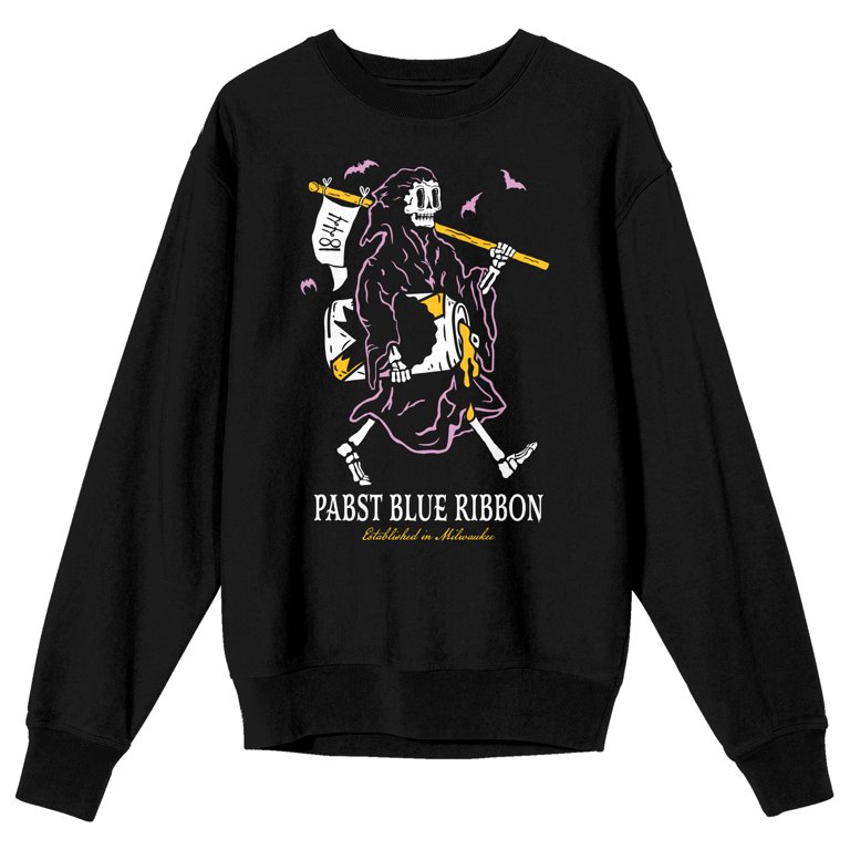 Pabst Blue Ribbon 長袖カットソー L Pabst Blue Ribbon Grim Reaper Enjoying a Beer Adult Black Crew