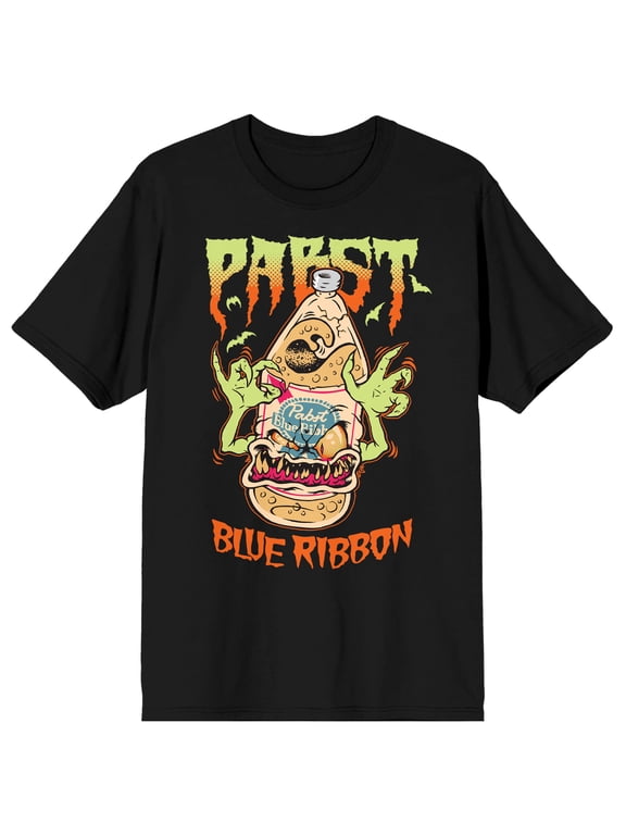 Pabst Blue Ribbon Halloween Beer Bottle Monster Crew Neck Short Sleeve Men's Black T-shirt
-XL