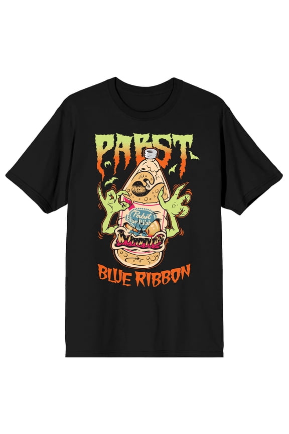 Pabst Blue Ribbon Halloween Beer Bottle Monster Crew Neck Short Sleeve Men's Black T-shirt
-XL