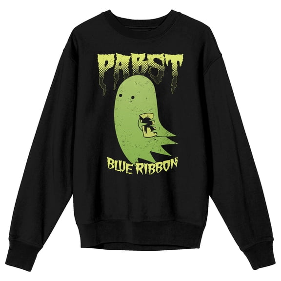 Pabst Blue Ribbon Halloween Ghost With Beer Can Crew Neck Long Sleeve Black Adult Sweatshirt-Large