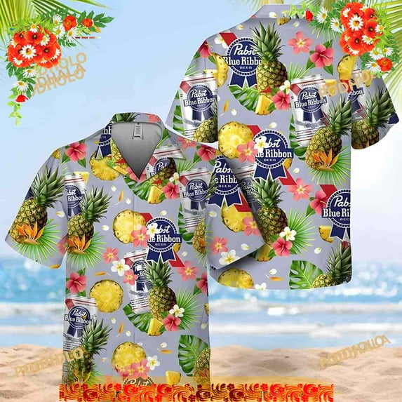 Pabst Blue Ribbon Hawaiian Shirt, Pineapple Pattern Beach Lovers Gift Aloha Shirt