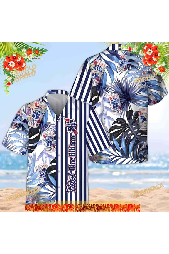 Pabst Blue Ribbon Hawaiian Shirt, Tropical Plant Leaf Aloha Shirt