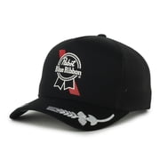 Pabst Blue Ribbon Logo Structured Trucker Hat, Black, Hops-Print Visor, Adjustable Snapback