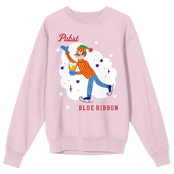 Pabst Blue Ribbon Man Ice Skating With Beer Crew Neck Long Sleeve Cradle Pink Adult Sweatshirt-XL