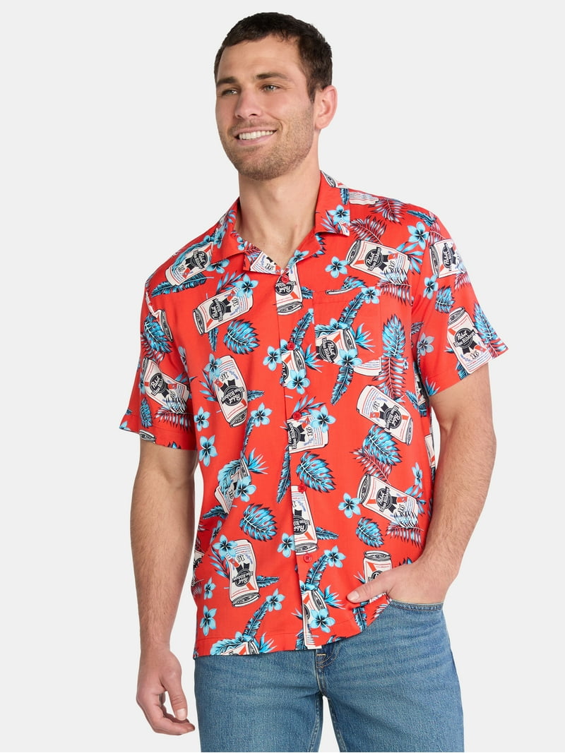 Pabst Blue Ribbon Men's Print Button Up Shirt with Short Sleeves