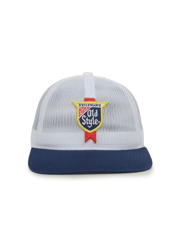 Old Style Beer Mesh Trucker Hat – White and Royal, Flat Visor, One Size