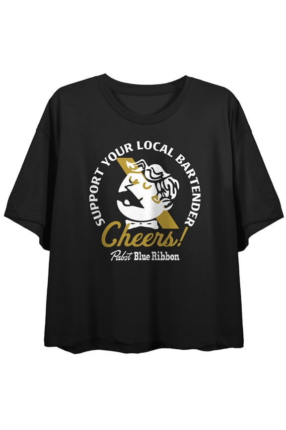 Pabst Blue Ribbon Support Your Local Bartender Globe Logo Women's Black Crop Tee-Medium