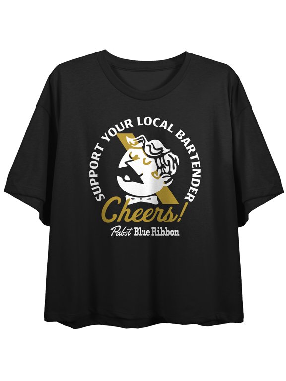 Pabst Blue Ribbon Support Your Local Bartender Globe Logo Women's Black Crop Tee-Medium