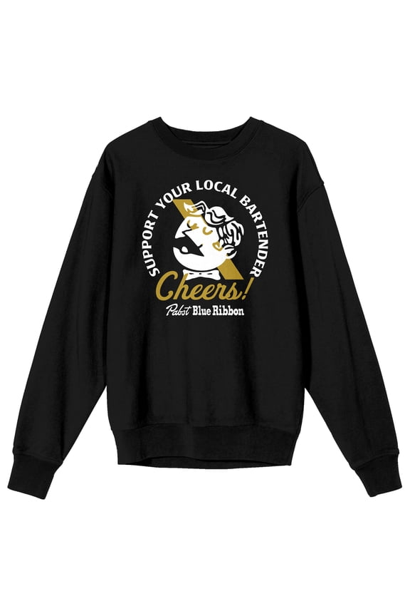 Pabst Blue Ribbon Support Your Local Bartender World Logo Men's Black Long-Sleeve Sweatshirt-Medium
