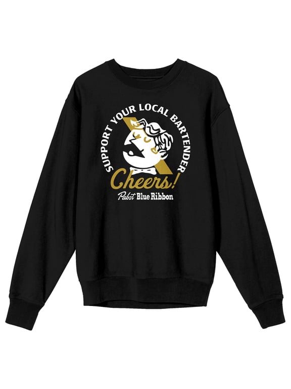 Pabst Blue Ribbon Support Your Local Bartender World Logo Men's Black Long-Sleeve Sweatshirt-Medium