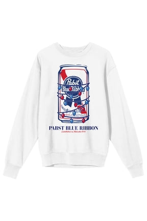 Pabst Blue Ribbon Wrapped in Christmas Lights Men's White Crew Neck Sweatshirt