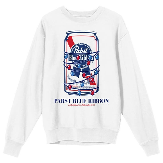 Pabst Blue Ribbon Wrapped in Christmas Lights Men's White Crew Neck Sweatshirt
