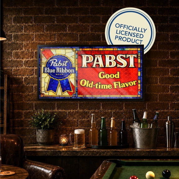 Pabst PBR Blue Ribbon Framed Stained Glass Style Wall Decor Sign, Vintage Glass Panel Beer Art, Retro Bar Wall Hanging for Man Cave, Kitchen, Garage, Bar, Office, Collector Gift for Men