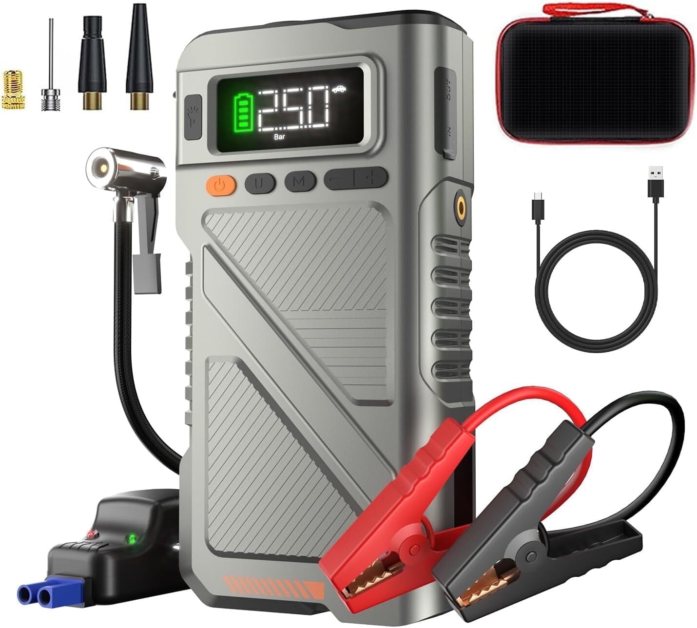 Pabulum 9000A Car Battery Jump Starter (for All Gas or up to 12L Diesel) Powerful Jumper Box with 150PSI Air Compressor and Smart Charger, 12V Vehicle Power Pack with Extended Cable and LED Light