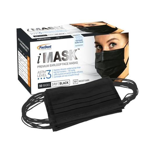 Pac-Dent MASKT-06BK iMask Premium Ear Loop Face Masks ASTM Level 3 Black 50/Box