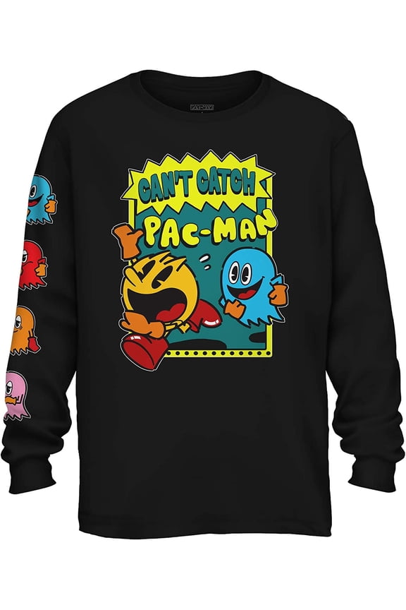 Pac-Man Men's Long Sleeve Shirt, Graphic Print Bashful and Pacman Shirt Black – M