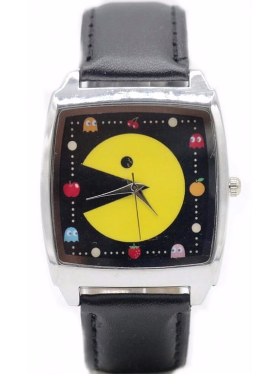 Pac Man Square Face Black Leather Band Wrist Watch