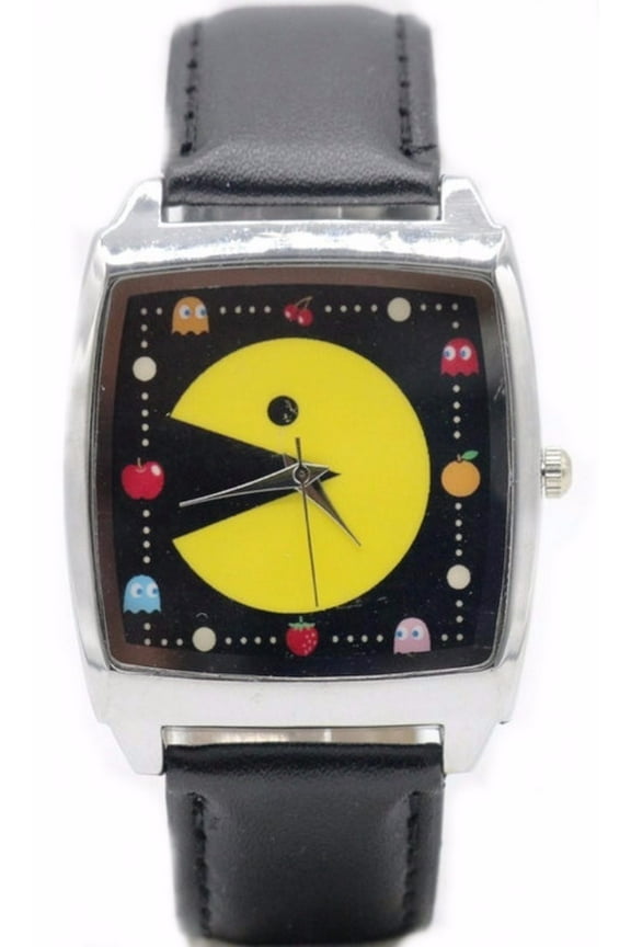 Pac-Man Themed Square Face Black Leather Band Timepiece