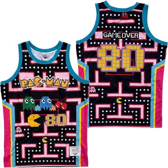 Pac-Man Video Game Men's Headgear Classics Premium Embroidered Basketball Jersey (X-Large, Black/Multi)