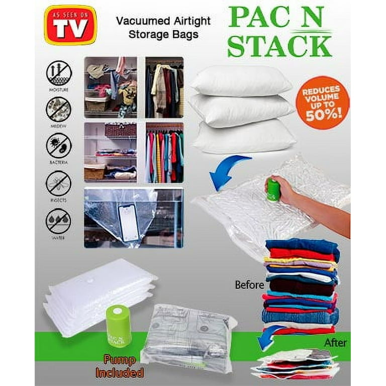 As Seen on TV Pac N Stack Handheld Vacuum Sealing Storage with Bags, 4 Pack, Air-Tight Storage Bags, Sealing Storage Bags Are Reusable Waterproof, Saves Space and