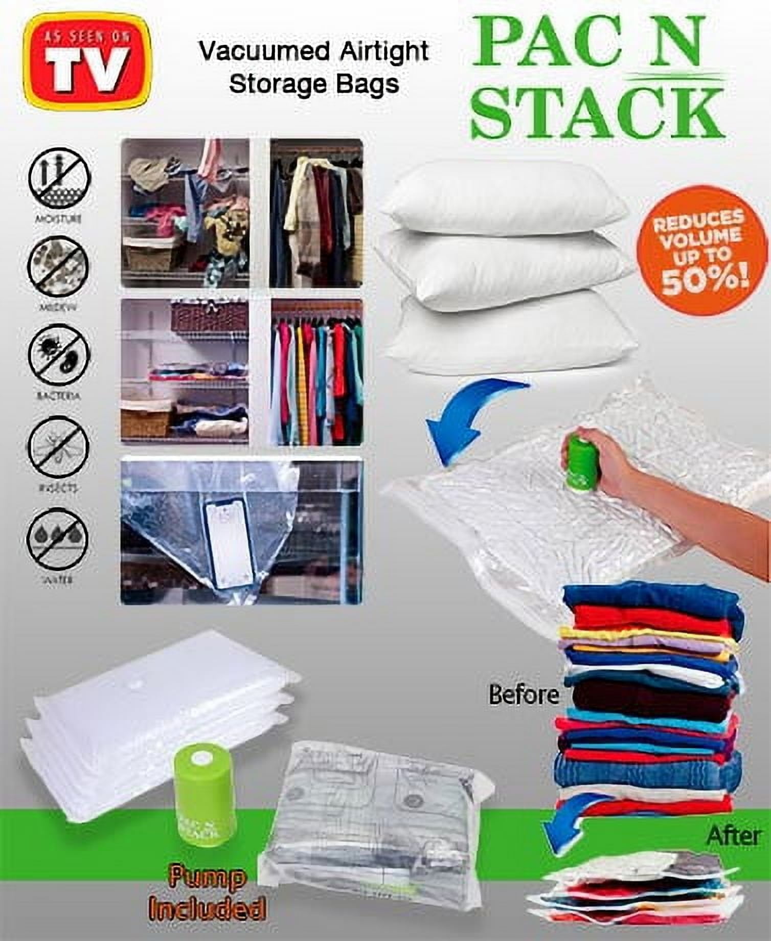 AS SEEN ON TV Pac N Stack Handheld Vacuum Sealing Storage with Bags, 4 Pack, Air-Tight Storage Bags, Sealing Storage Bags Are Reusable Waterproof, Saves Space and Organizes, Great For Packing, Reduces Volume