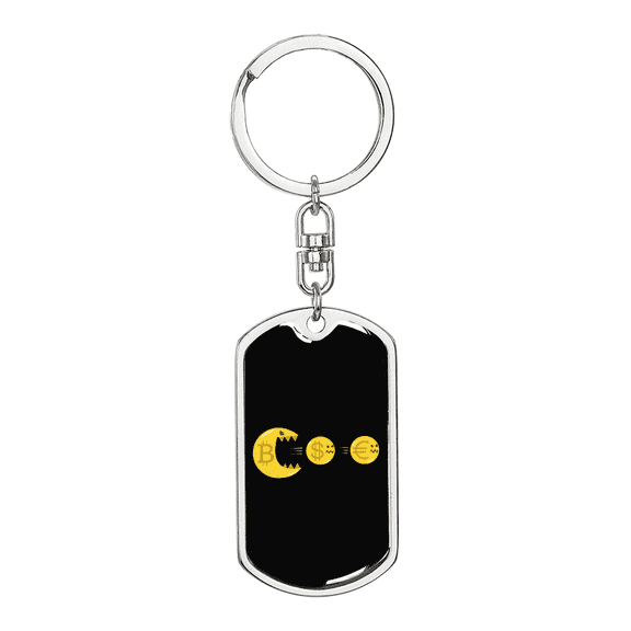 PacMan Bitcoin Dollar Euro Crypto Dog Tag Keychain Stainless Steel Silver Tone or Gold Tone