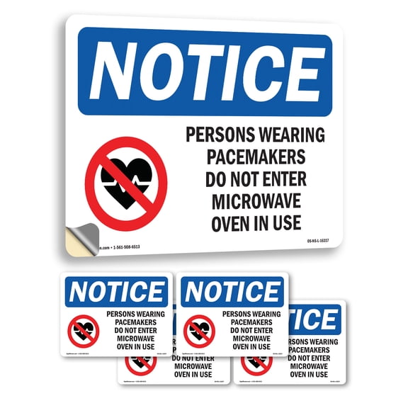 Pacemakers Do Not Enter Microwave Oven OSHA Notice Vinyl Decal Label 5 Inch x 3.5 Inch - 5 Pack
