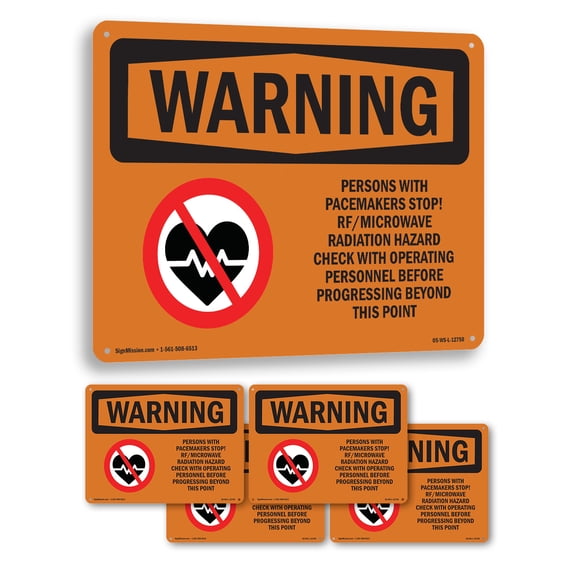 Pacemakers Stop Rf Microwave Radiation OSHA WARNING Rigid Plastic Sign 10 Inch x 7 Inch - 5 Pack