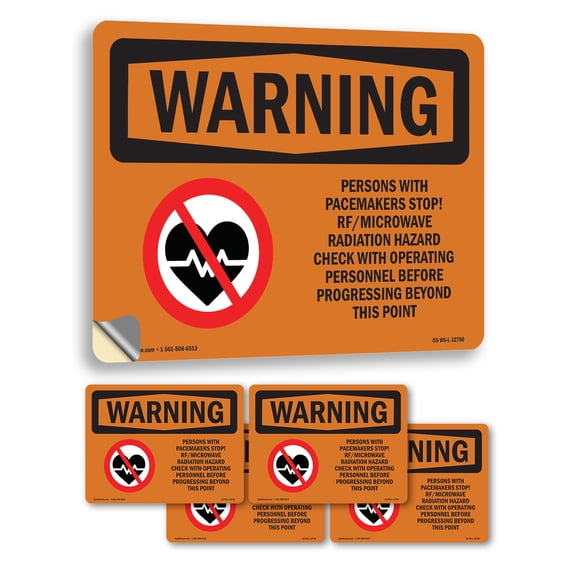 Pacemakers Stop Rf Microwave Radiation OSHA WARNING Vinyl Decal Label 5 Inch x 3.5 Inch - 5 Pack