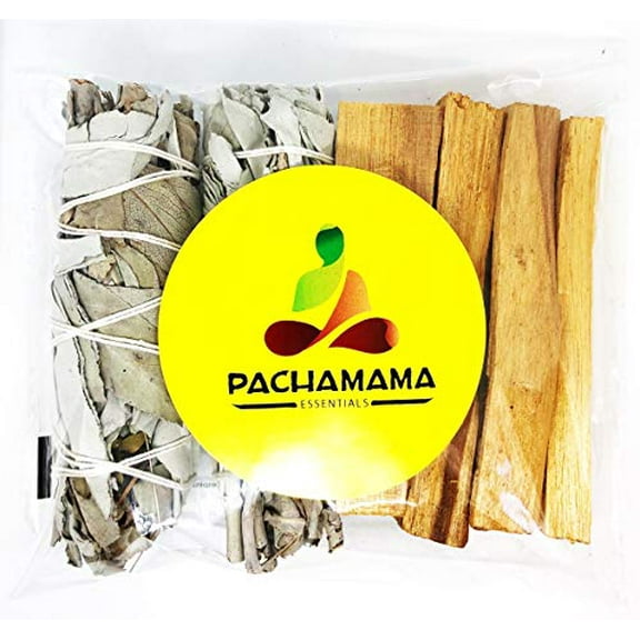 Pachamama Essentials Organic California White Sage (Salvia Apiana) & Palo Santo (Holly Wood) Smudge Bundle Kit (2 White sage Bundles 4-5 & 4 Palo Santo Sticks 4)