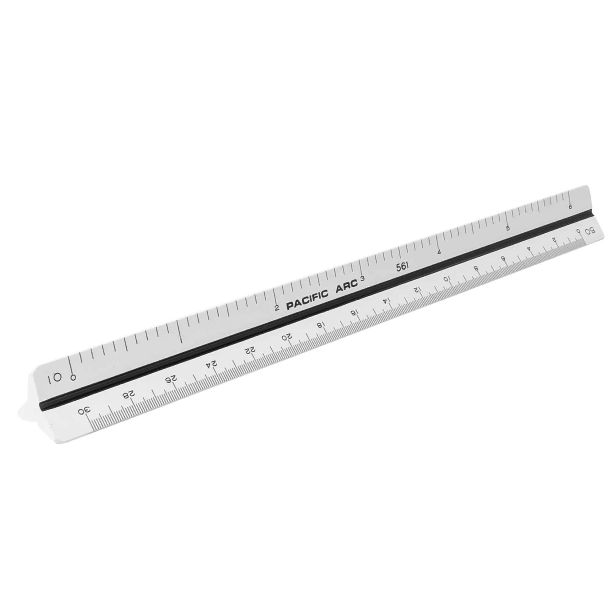 Pacific Arc, Architect Color Coded Scale Ruler, Divided by: 1/16th inch,  3/32 inch, 1/8 inch, 3/16 inch, 1/4 inch, 3/8 inch, 1/2 inch, 3/4 inch, 1  inch, 1-1/2 inch, 3 inch scale degrees. 12 inch 