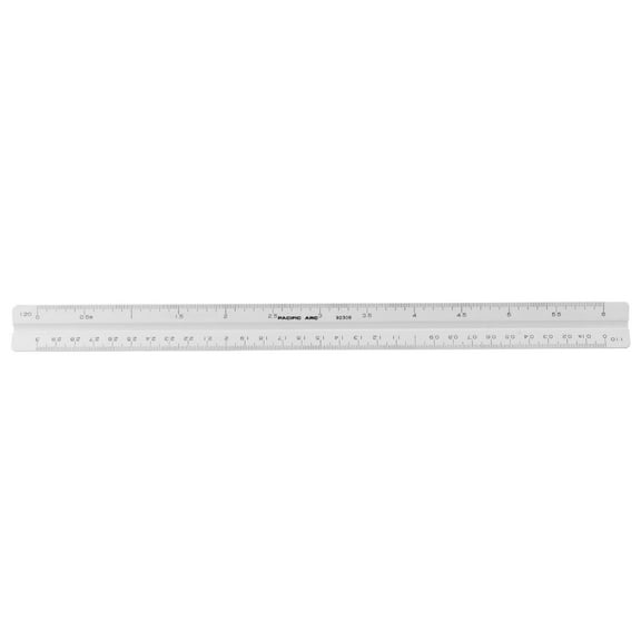 Pacific Arc, Architect Plastic Scale Ruler, Divided by: 1/16th, 3/32, 1/8, 3/16, 1/4, 3/8, 1/2, 3/4, 1, 1-1/2, and 3 inch Scale Degrees. 12 inch