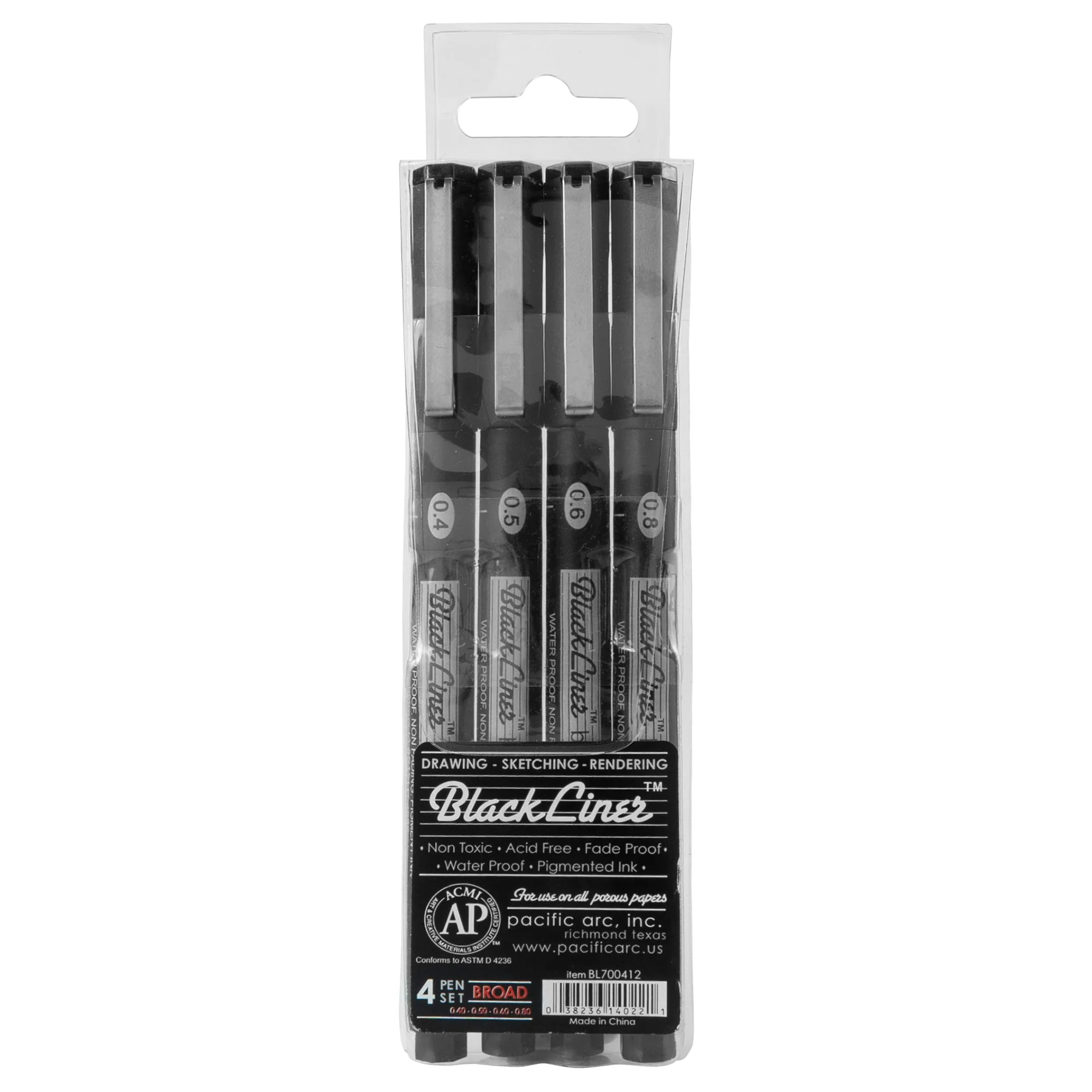 Pacific Arc, Blackliner Black Fineliner Pens, Set of 4 Differently Sized Fine Drawing Pens for